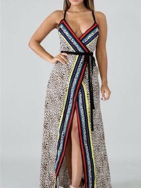 Fashion Nova Leopard Maxi Wrap Dress with Red, Blue & Yellow Trim - S